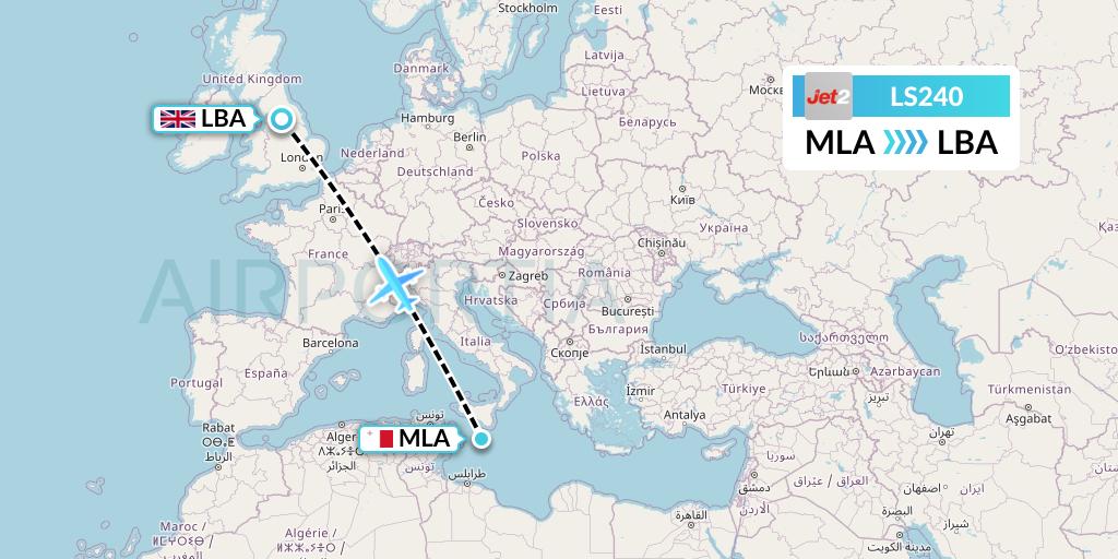 LS240 Jet2 Flight Map: Malta to Leeds