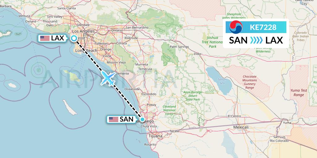KE7228 Korean Air Flight Map: San Diego to Los Angeles