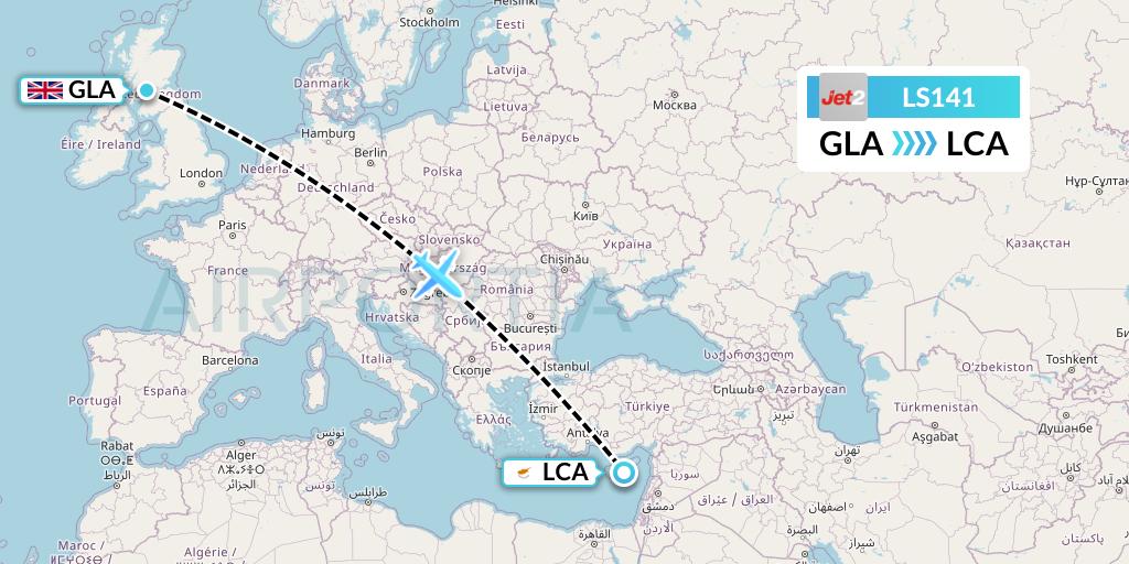 LS141 Jet2 Flight Map: Glasgow to Larnaca