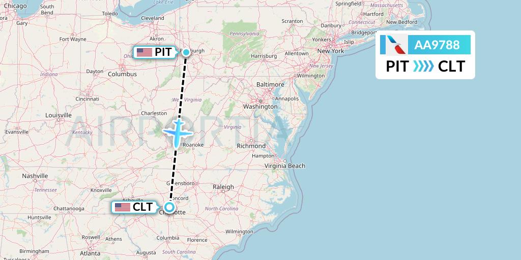 AA9788 American Airlines Flight Map: Pittsburgh to Charlotte
