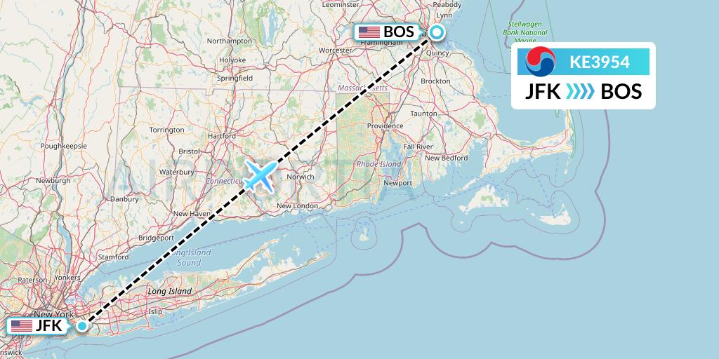 KE3954 Korean Air Flight Map: New York to Boston