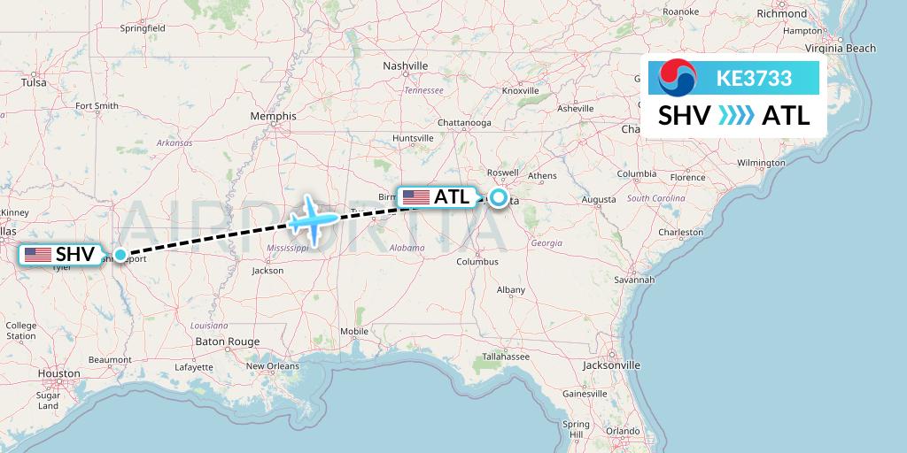 KE3733 Korean Air Flight Map: Shreveport to Atlanta