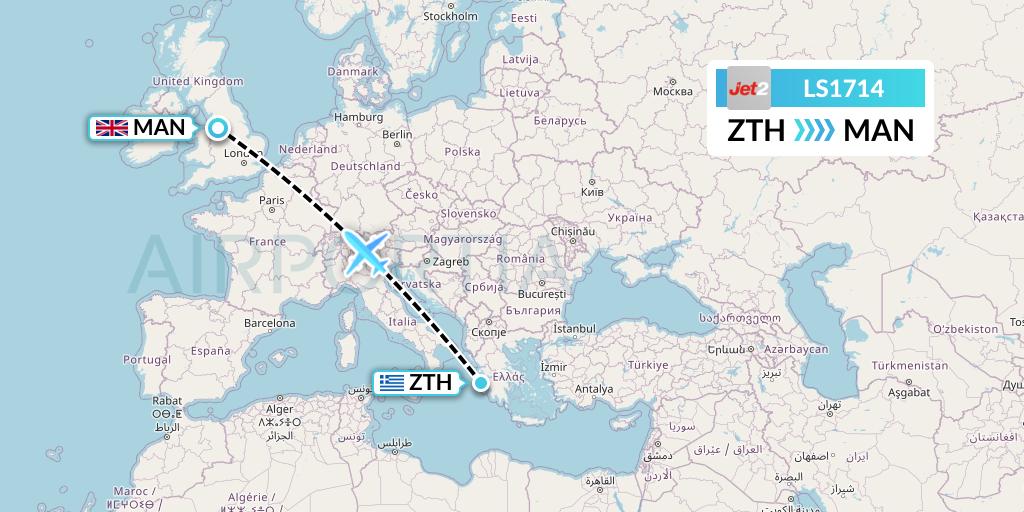 LS1714 Jet2 Flight Map: Zakynthos to Manchester
