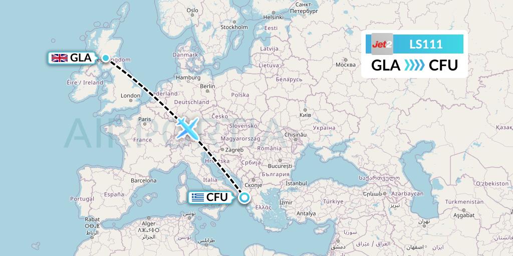 LS111 Jet2 Flight Map: Glasgow to Corfu