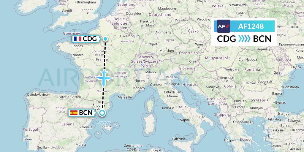 AF1248 Air France Flight Map: Paris to Barcelona