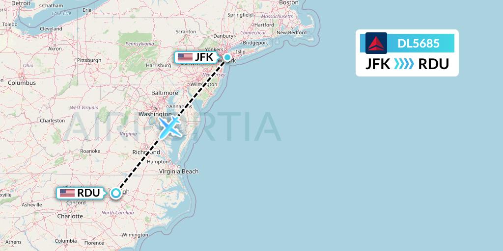 DL5685 Delta Air Lines Flight Map: New York to Raleigh-Durham