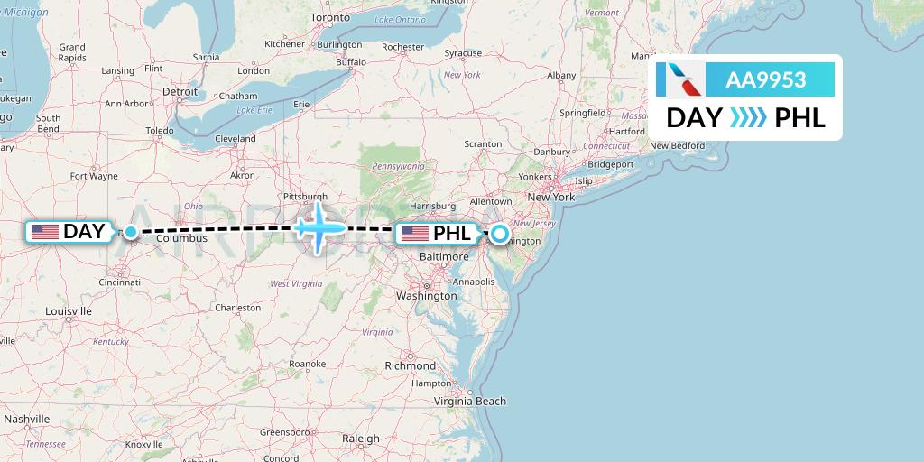 AA9953 American Airlines Flight Map: Dayton to Philadelphia