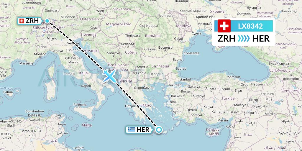 LX8342 Swiss Flight Map: Zurich to Heraklion