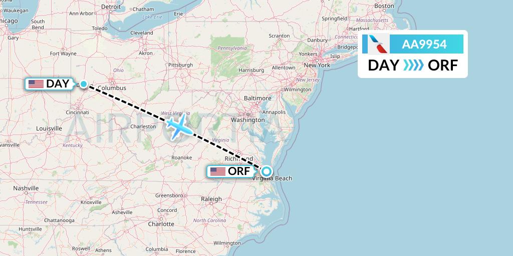 AA9954 American Airlines Flight Map: Dayton to Norfolk