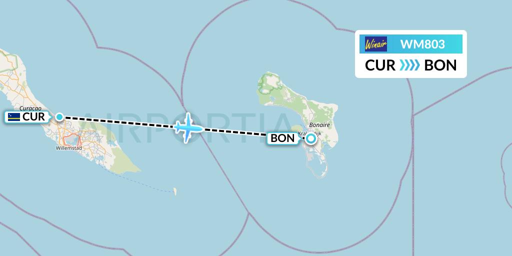 WM803 Winair Flight Map: Willemstad to Bonaire