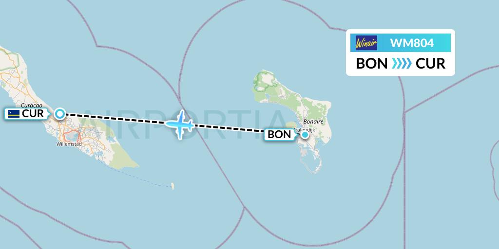 WM804 Winair Flight Map: Bonaire to Willemstad