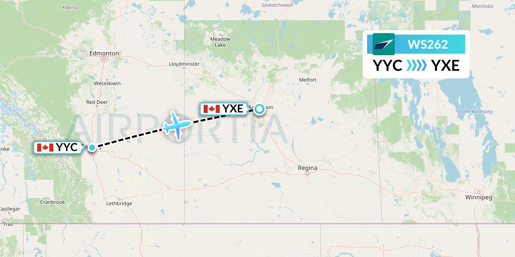 WS262 WestJet Flight Map: Calgary to Saskatoon