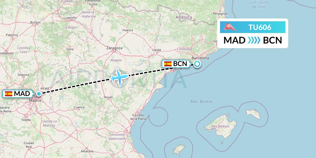 TU606 Tunisair Flight Map: Madrid to Barcelona