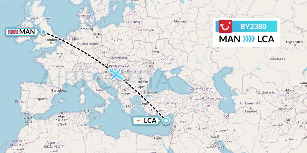 BY2380 TUI Airways Flight Map: Manchester to Larnaca