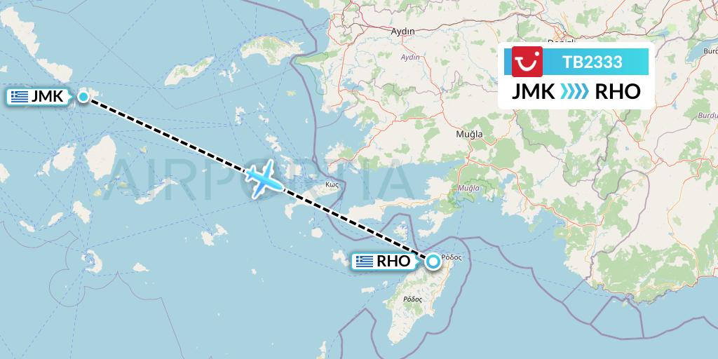 TB2333 TUI fly Belgium Flight Map: Mykonos to Rhodes