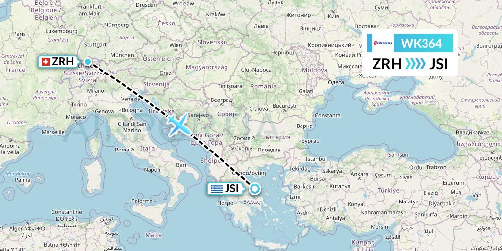 WK364 Edelweiss Air Flight Map: Zurich to Skiathos