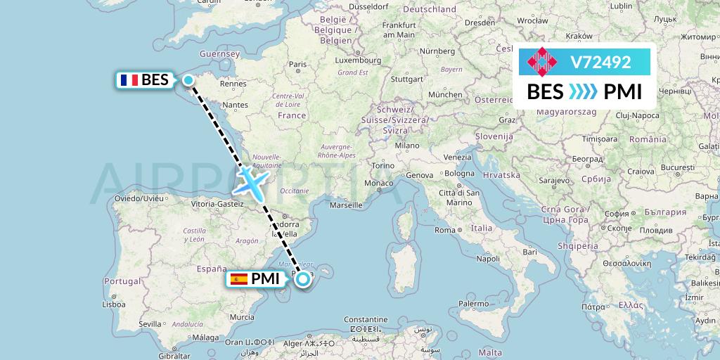 V72492 Volotea Flight Map: Brest to Palma de Mallorca
