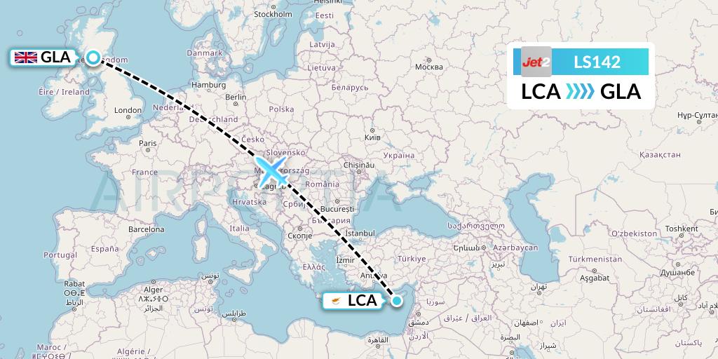 LS142 Jet2 Flight Map: Larnaca to Glasgow