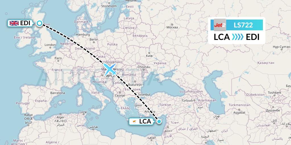 LS722 Jet2 Flight Map: Larnaca to Edinburgh