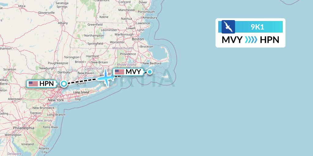 9K1 Cape Air Flight Map: Martha's Vineyard to White Plains