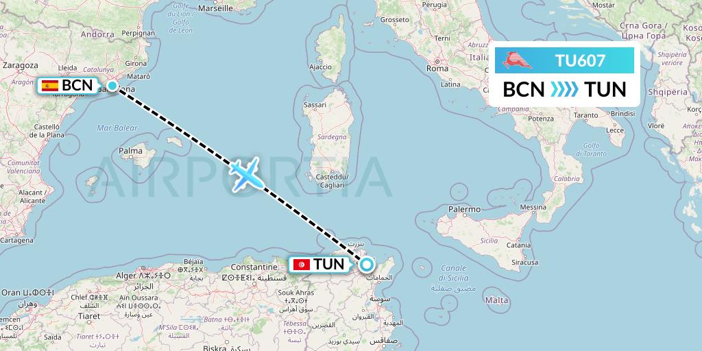 TU607 Tunisair Flight Map: Barcelona to Tunis
