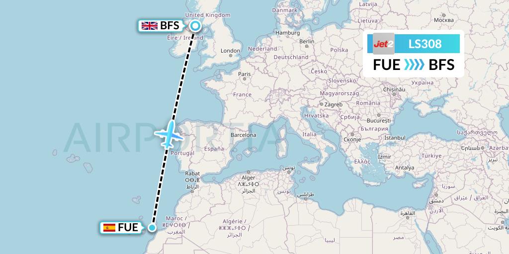 LS308 Jet2 Flight Map: Fuerteventura to Belfast