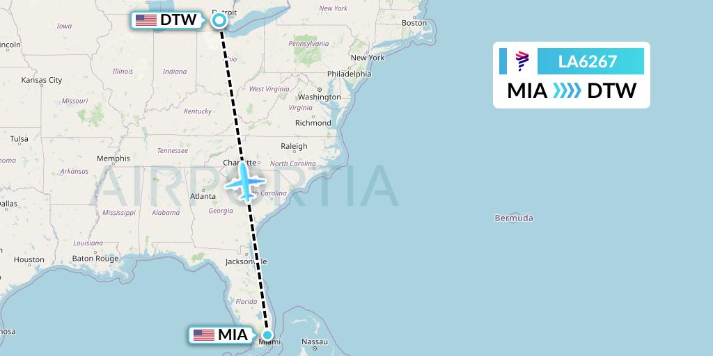 LA6267 LAN Airlines Flight Map: Miami to Detroit