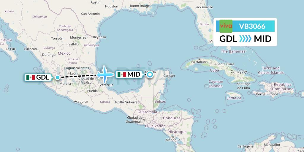 VB3066 VivaAerobus Flight Map: Guadalajara to Merida