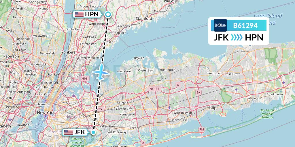 B61294 JetBlue Airways Flight Map: New York to White Plains