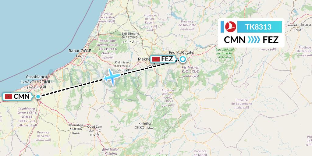TK8313 Turkish Airlines Flight Map: Casablanca to Fes