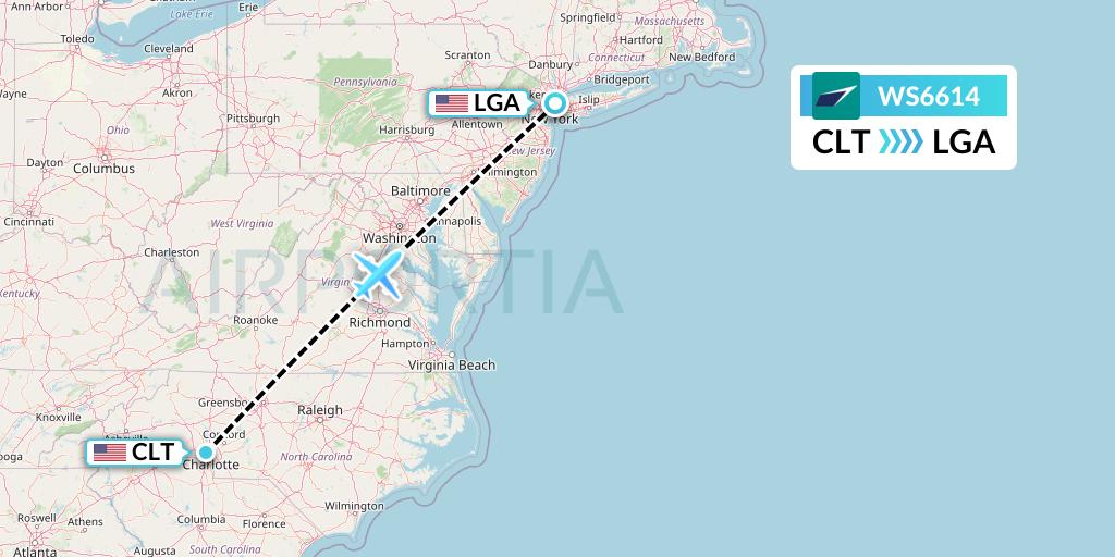 WS6614 WestJet Flight Map: Charlotte to New York