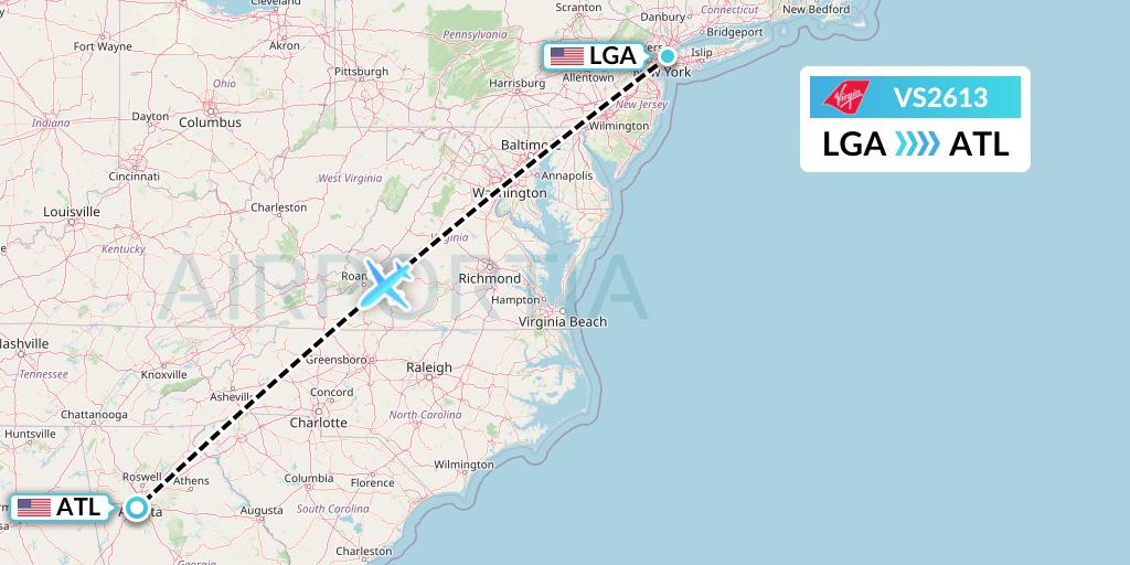 VS2613 Virgin Atlantic Airways Flight Map: New York to Atlanta