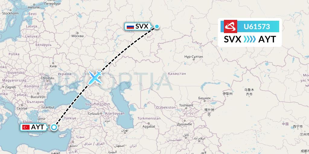 U61573 Ural Airlines Flight Map: Yekaterinburg to Antalya