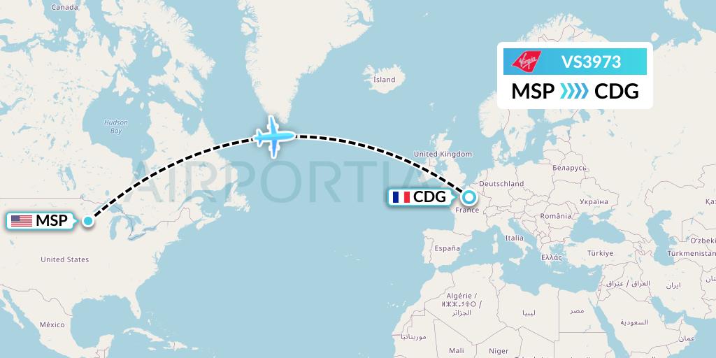 VS3973 Virgin Atlantic Airways Flight Map: Minneapolis to Paris