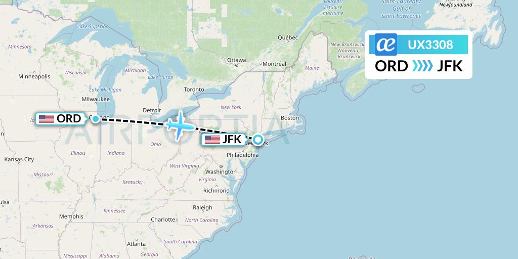 UX3308 Air Europa Flight Map: Chicago to New York