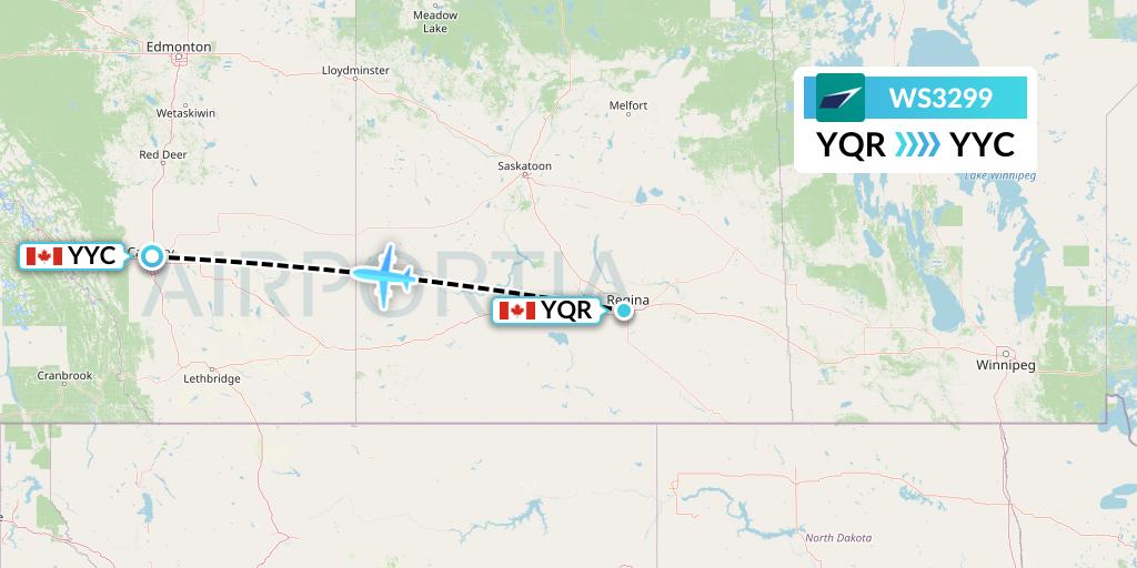 WS3299 WestJet Flight Map: Regina to Calgary
