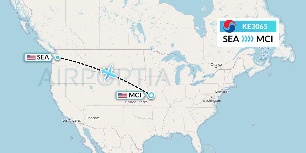 KE3065 Korean Air Flight Map: Seattle to Kansas City