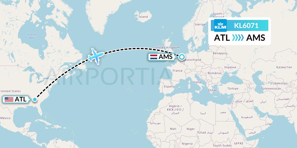 KL6071 KLM Flight Map: Atlanta to Amsterdam
