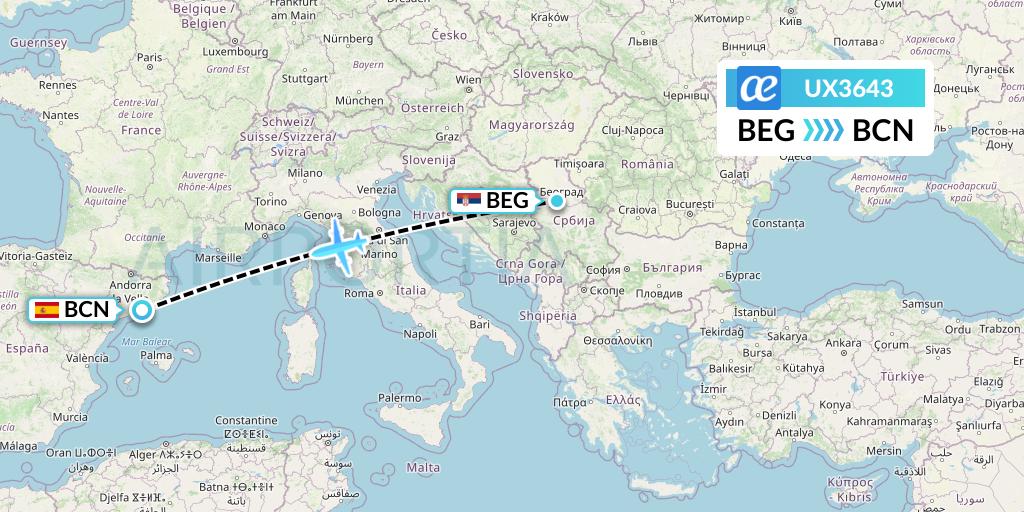 UX3643 Air Europa Flight Map: Belgrade to Barcelona