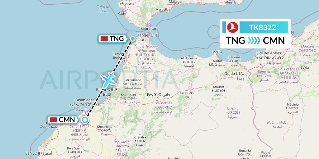 TK8322 Turkish Airlines Flight Map: Tangier to Casablanca
