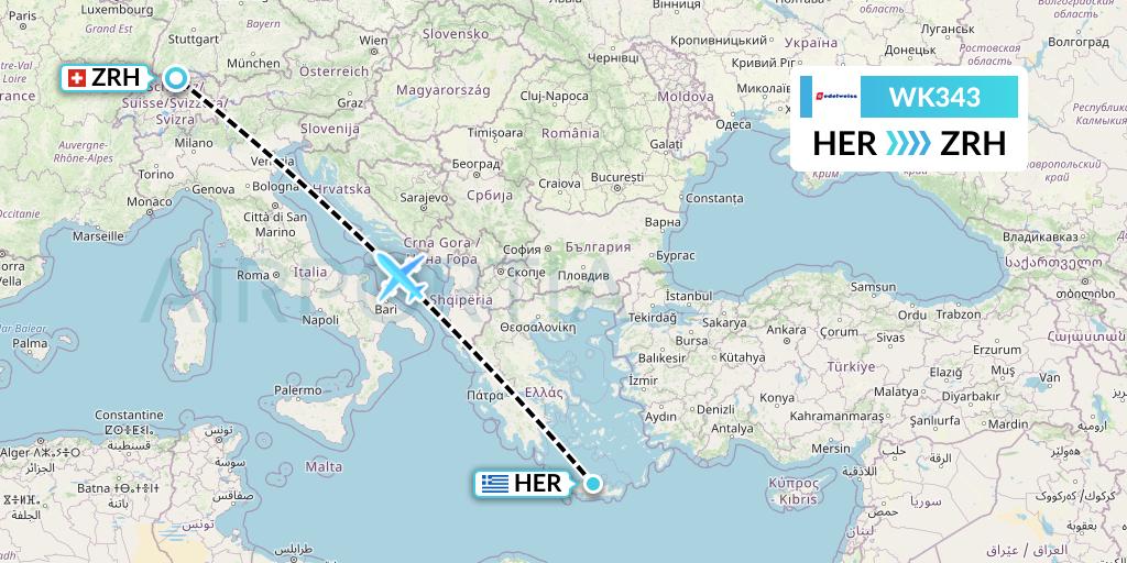 WK343 Edelweiss Air Flight Map: Heraklion to Zurich