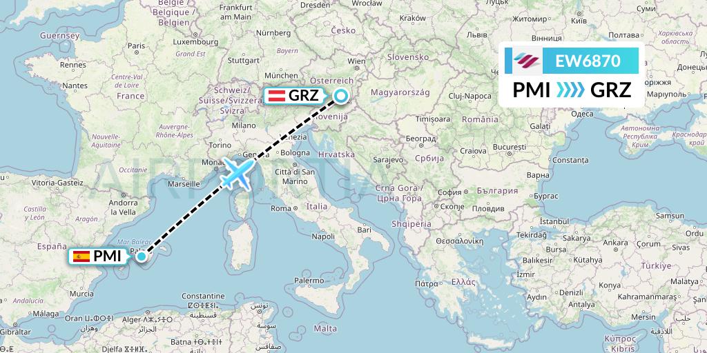 EW6870 Eurowings Flight Map: Palma de Mallorca to Graz