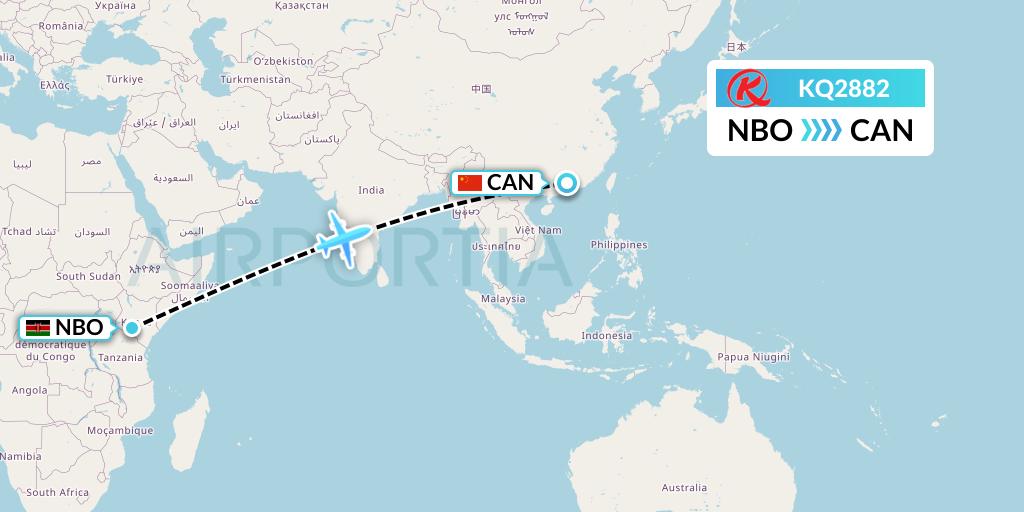 KQ2882 Kenya Airways Flight Map: Nairobi to Guangzhou