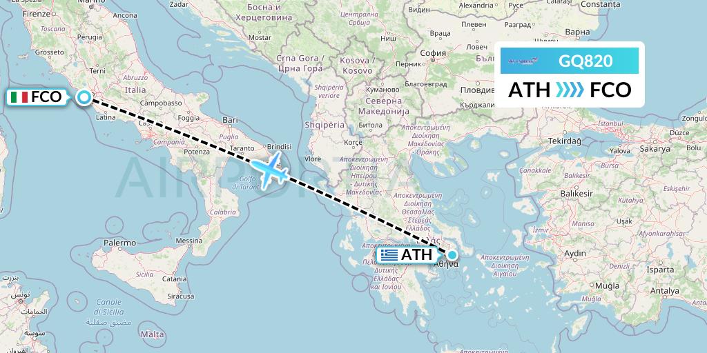 GQ820 Sky Express (Greece) Flight Map: Athens to Rome