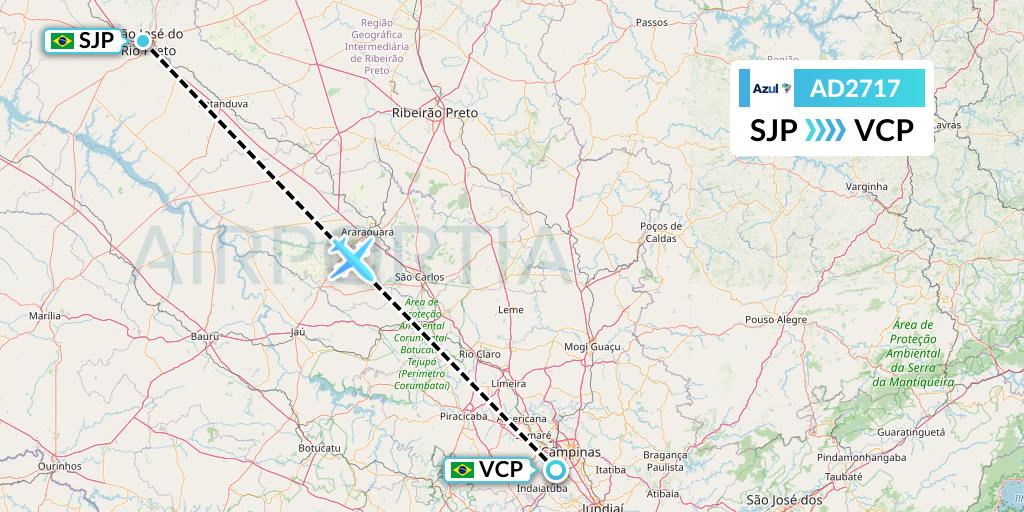 AD2717 Azul Brazilian Airlines Flight Map: Sao Jose Do Rio Preto to Campinas