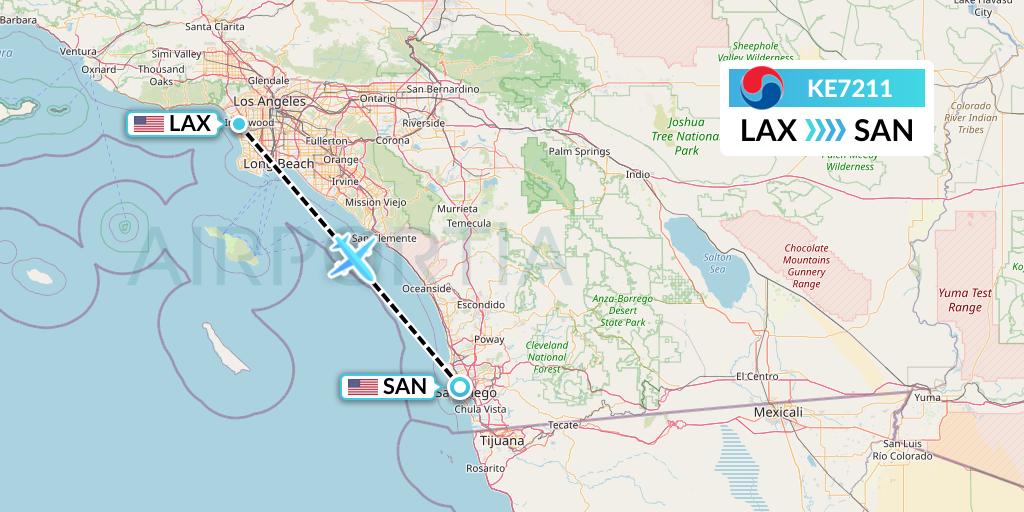 KE7211 Korean Air Flight Map: Los Angeles to San Diego
