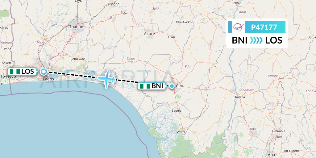 P47177 Air Peace Flight Map: Benin to Lagos