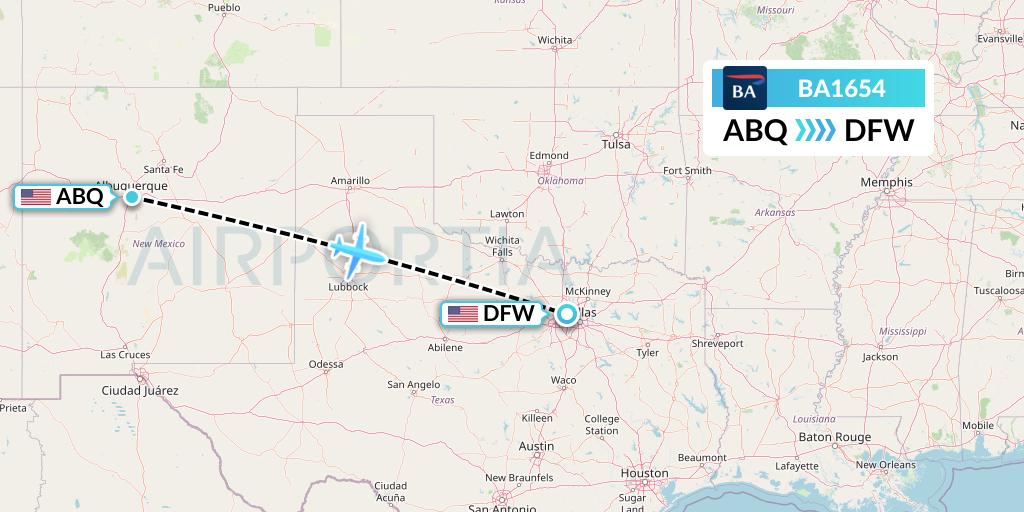BA1654 British Airways Flight Map: Albuquerque to Dallas