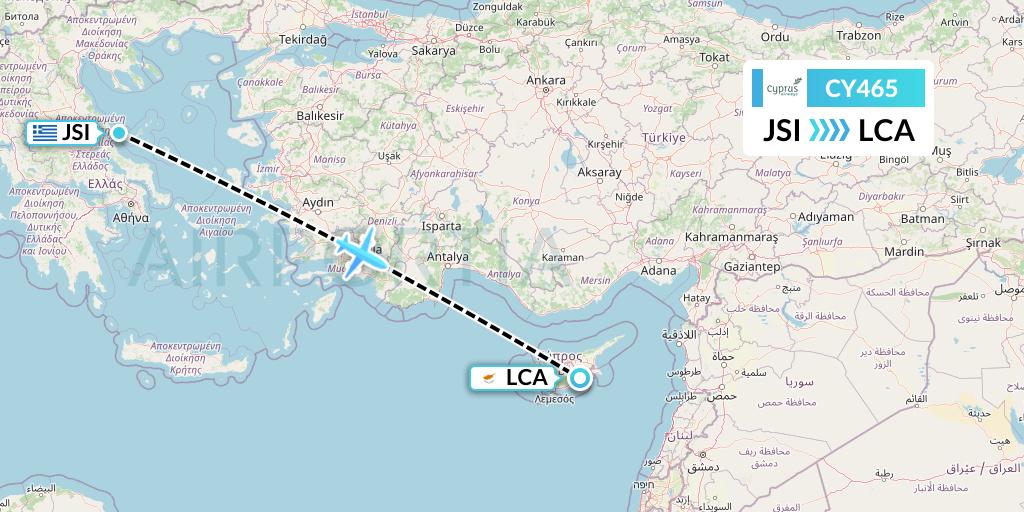 CY465 Cyprus Airways Flight Map: Skiathos to Larnaca