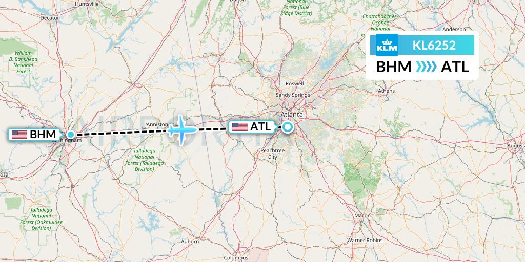 KL6252 KLM Flight Map: Birmingham to Atlanta